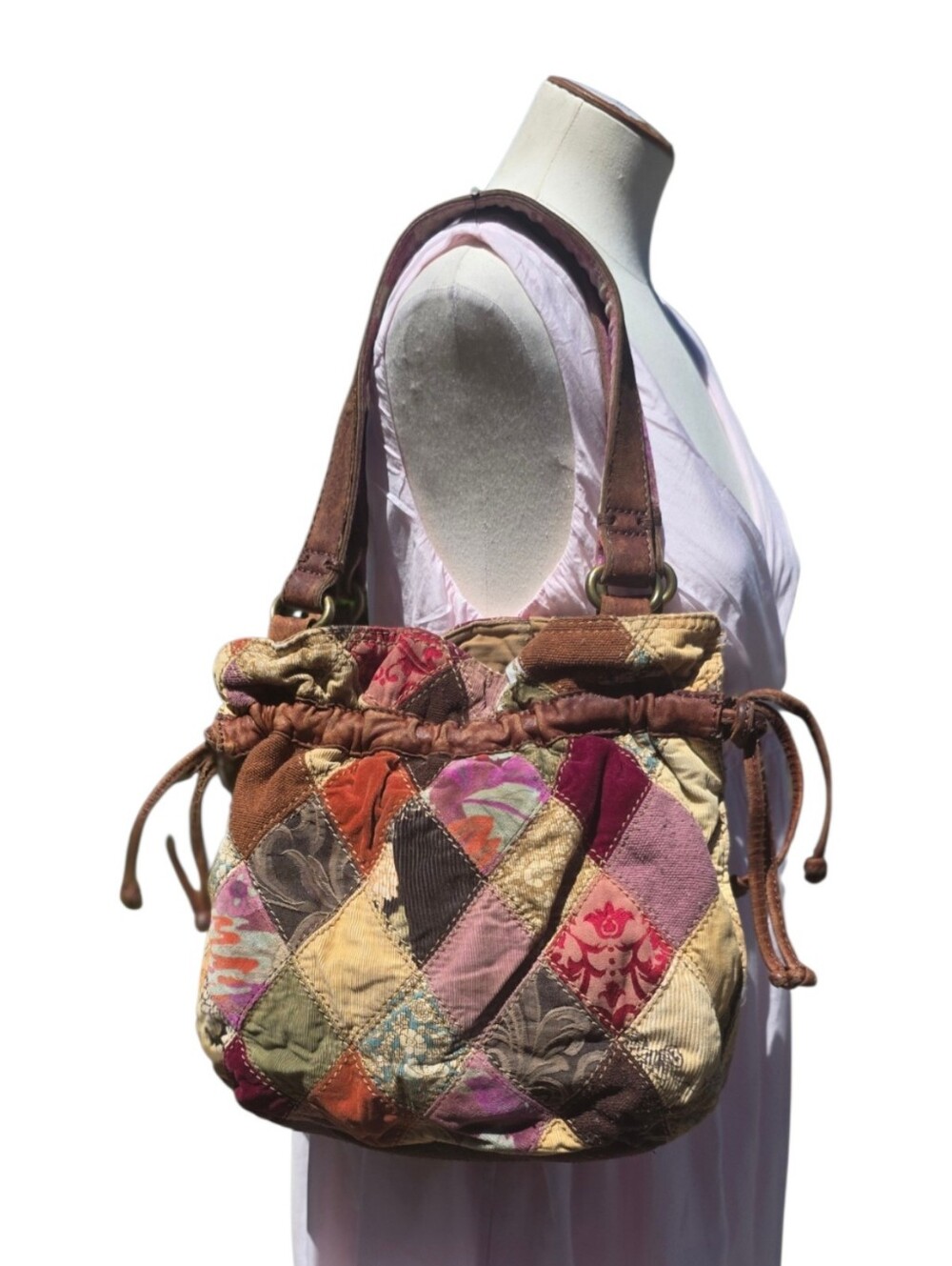 Vintage Y2K Lucky Brand Patchwork Drawstring Hobo Bag Boho Leather Purse